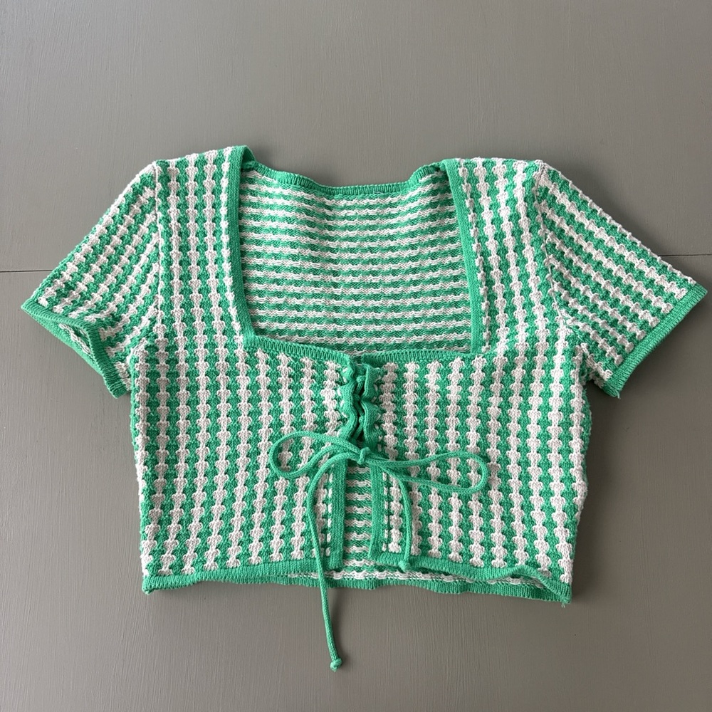 Green and White Knit Cropped Lace-Up Top